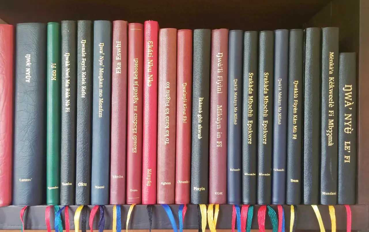 A shelf of Bibles, each spine printed in gold with the language it is translated into