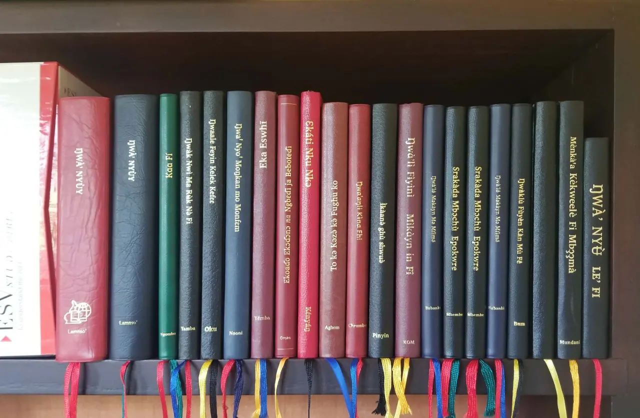 A bookshelf of Bibles in many Cameroonian languages, their spines stamped in gold with the language name and tied with coloured ribbon markers